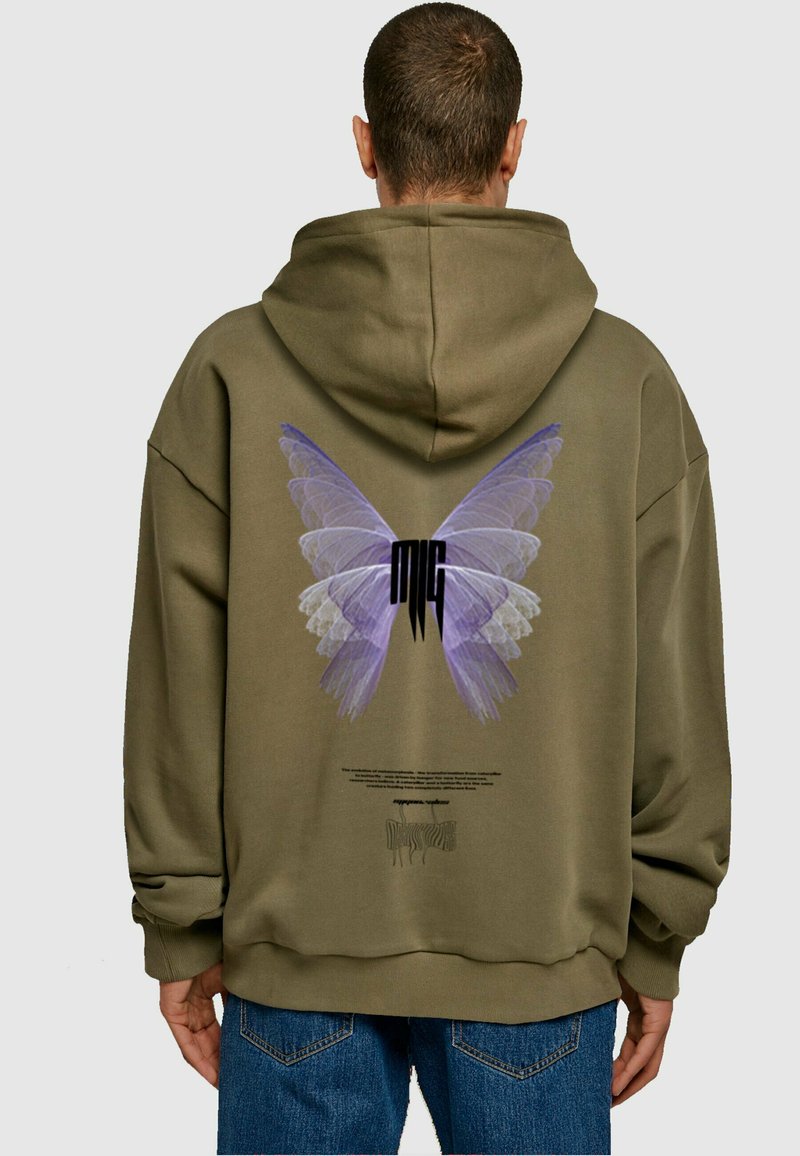 Olive green oversized hoodie with a purple and white butterfly graphic on the back. Features a drawstring hood and ribbed cuffs.