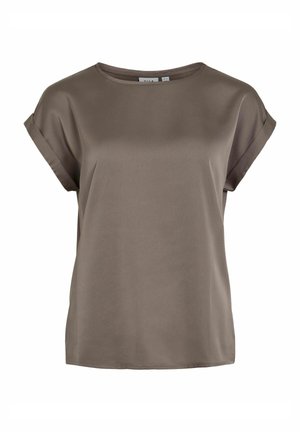 Brown short-sleeve blouse in a smooth, lightweight fabric with a round neckline and rolled sleeves. Simple, relaxed fit with no patterns.