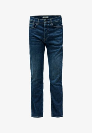 Donkere blauw denim jeans voor heren in een slim-fit, voorzien van voorzakken, riemlussen en knoopsluiting.