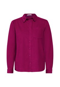 Fuchsia button-up shirt made from smooth fabric, featuring a pointed collar, long sleeves, and a single chest pocket.