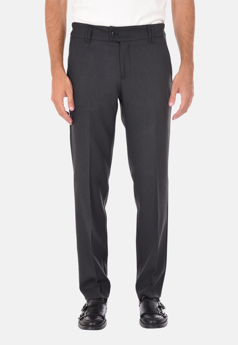 Pantaloni grigi su misura con una parte frontale liscia, passanti per cintura e chiusura con bottone frontale. Realizzati in un tessuto morbido con un design a gamba dritta.