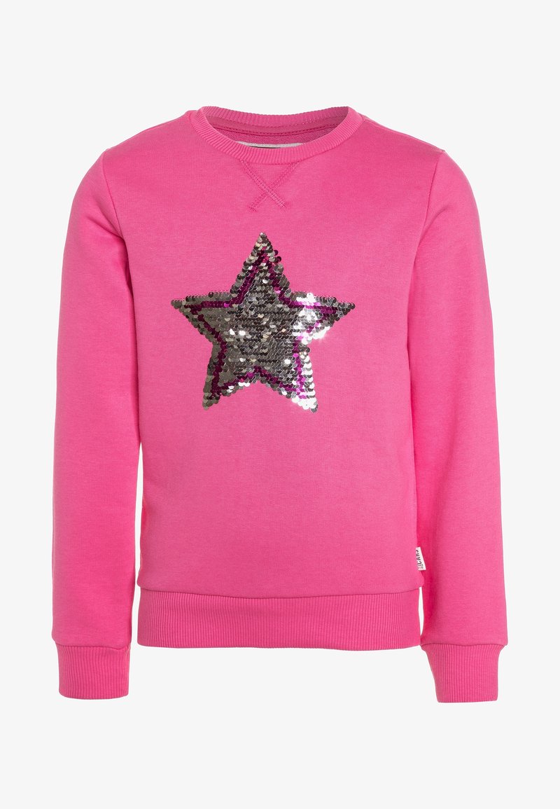 Sweat-shirt rose à encolure ronde et poignets côtelés, featuring une grande étoile en sequins argentés et violets au centre.