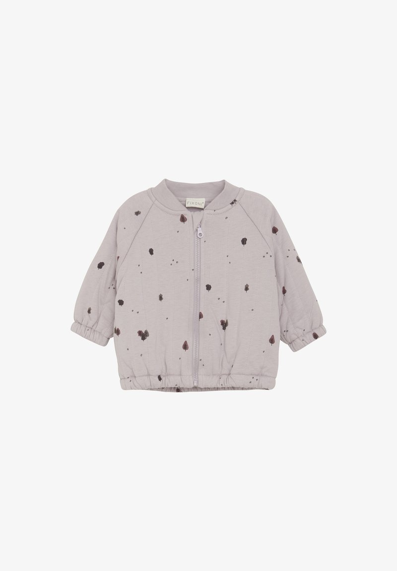 Hellgraue Zip-Jacke mit elastischen Bündchen, versehen mit einem gesprenkelten Muster in Dunkelbraun und Schwarz. Weicher Stoff mit gerafftem Saumdetail.