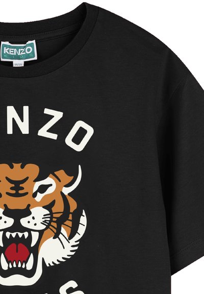 Zwarte katoenen T-shirt met een grote oranje en witte tijgerafbeelding, met de tekst "KENZO" erboven. Ronde hals en korte mouwen.