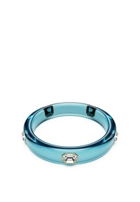Transparent blue bangle made of acrylic, featuring rectangular clear and emerald accents embedded on the sides. Smooth texture.