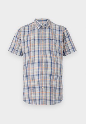 Short-sleeve shirt in cotton fabric, featuring a blue, orange, and yellow plaid pattern, button-down collar, and pocket on the chest.