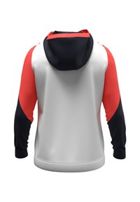 Kapuzensweatshirt mit weißem Körper, roten und marineblauen Ärmeln sowie passender Kapuze. Glatte Textur mit gerippten Bündchen und Saum.