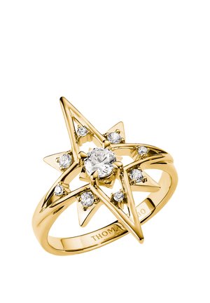 Goldener Ring mit sternförmigem Design, der einen großen zentralen Diamanten und kleinere Diamanten an den Sternspitzen beinhaltet.