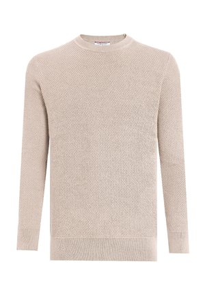 Beiger langärmeliger Pullover mit Struktur, rundem Ausschnitt und gerippten Bündchen sowie Saum.