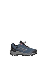 Chaussure de randonnée bleue avec tige en maille, accents gris, semelle extérieure en caoutchouc noir et lacets orange ; dotée d'un embout renforcé et d'un design supportant.