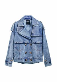 Jachetă din denim cu un design dublu încheiat, revere mari, patru pockets frontale și accente cu nasturi într-o nuanță deschisă de albastru.