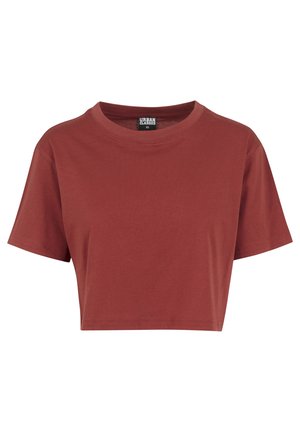 Rust-colored cropped t-shirt made from cotton. Features short sleeves, a round neckline, and a relaxed fit. Label shows brand "Urban Classics."