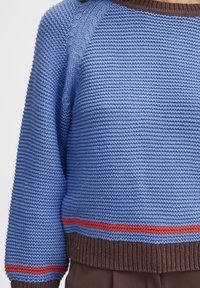 Blauer gestrickter Pullover mit einem strukturierten Design, ausgestattet mit einem braunen gerippten Halsausschnitt und Bündchen sowie horizontalen roten und blauen Streifen am Saum.