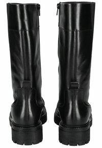 Bottes en cuir noir hauteur genou avec une finition lisse, semelles en caoutchouc robustes, une fermeture éclair à l'arrière et une petite tirette pour un enfilage facile.