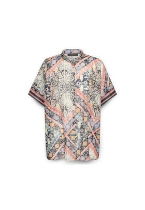 Camicia a maniche corte con un motivo geometrico colorato in toni pastello. Presenta un colletto alla mandarino e una chiusura con bottoni. Tessuto leggero e trasparente.