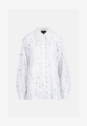 Bela bluza z dolgimi rokavi z vzorcem čipke s cvetličnimi izrezi, ovratnikom na konico, zapenjanjem z gumbi na manšetah in skritim gumbnim trakom.