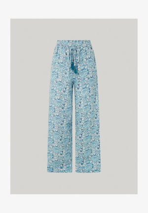 Hellblaue gemusterte weit geschnittene Hose mit floralem Design, elastischem Bund und Kordelzugverschluss mit Quasten. Weicher Stoff.