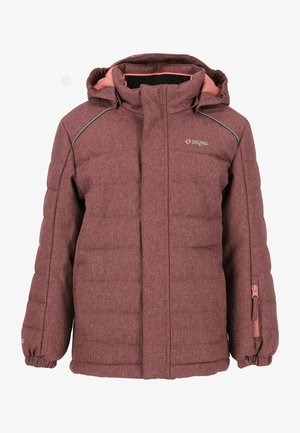 Maroon puffer jacket with a textured finish, detachable hood, and pink accents. Features a zippered pocket on the sleeve and reflective trim.