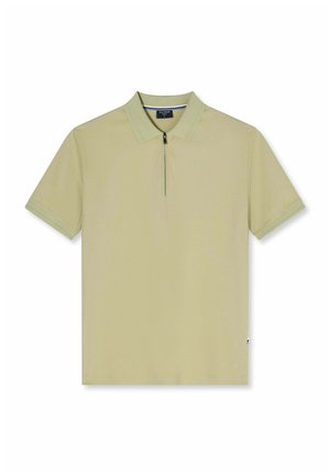 Beige poloshirt met korte mouwen, kraag en voorrits, plat liggend op een witte achtergrond getoond.
