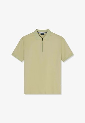 Beige poloshirt met korte mouwen, kraag en voorrits, plat liggend op een witte achtergrond getoond.