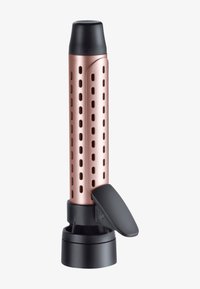 Kuparinvärinen sylinterimäinen laite, jossa useita reikiä, musta yläosa ja pohja, varustettu helppokäyttöisellä käännettävällä kannella.