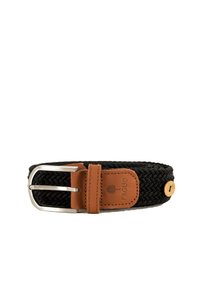 Cinturón de tela trenzada negra con soporte de hebilla de cuero marrón, hebilla de metal plateado y pequeño botón redondo de madera sobre fondo blanco.