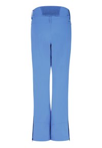 Pantalon bleu droit avec une taille élastiquée smockée et des détails zippés au bas de l'ourlet, vu de dos.