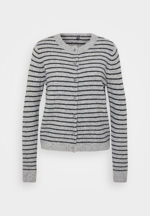 Gray cardigan with black horizontal stripes, round neckline, and button closures. Soft texture with ribbed cuffs and hem.