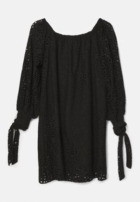 Robe noire à manches longues avec motif floral ajouré, encolure élastique et liens aux poignets smockés.