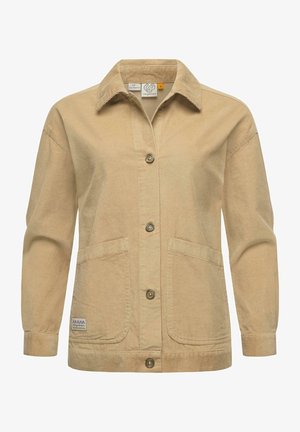 Beige Kordjacke mit Kragen, vorderem Knopfverschluss, zwei aufgesetzten Taschen und Rippstrick an den Bündchen und am Saum. Strukturiertes Material mit sichtbaren Linien.