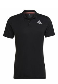 Polo noir Adidas à manches courtes avec deux boutons et logo Adidas blanc sur la poitrine gauche.