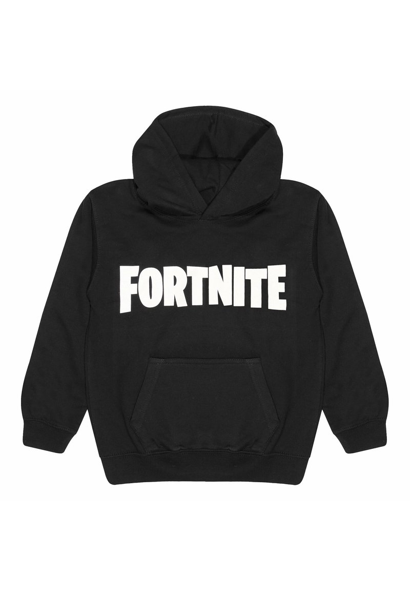 Schwarzer Hoodie aus Baumwolle mit einer vorderen Kängurutasche. Mit dem weißen "FORTNITE"-Text über der Brust. Weicher Stoff, lange Ärmel.
