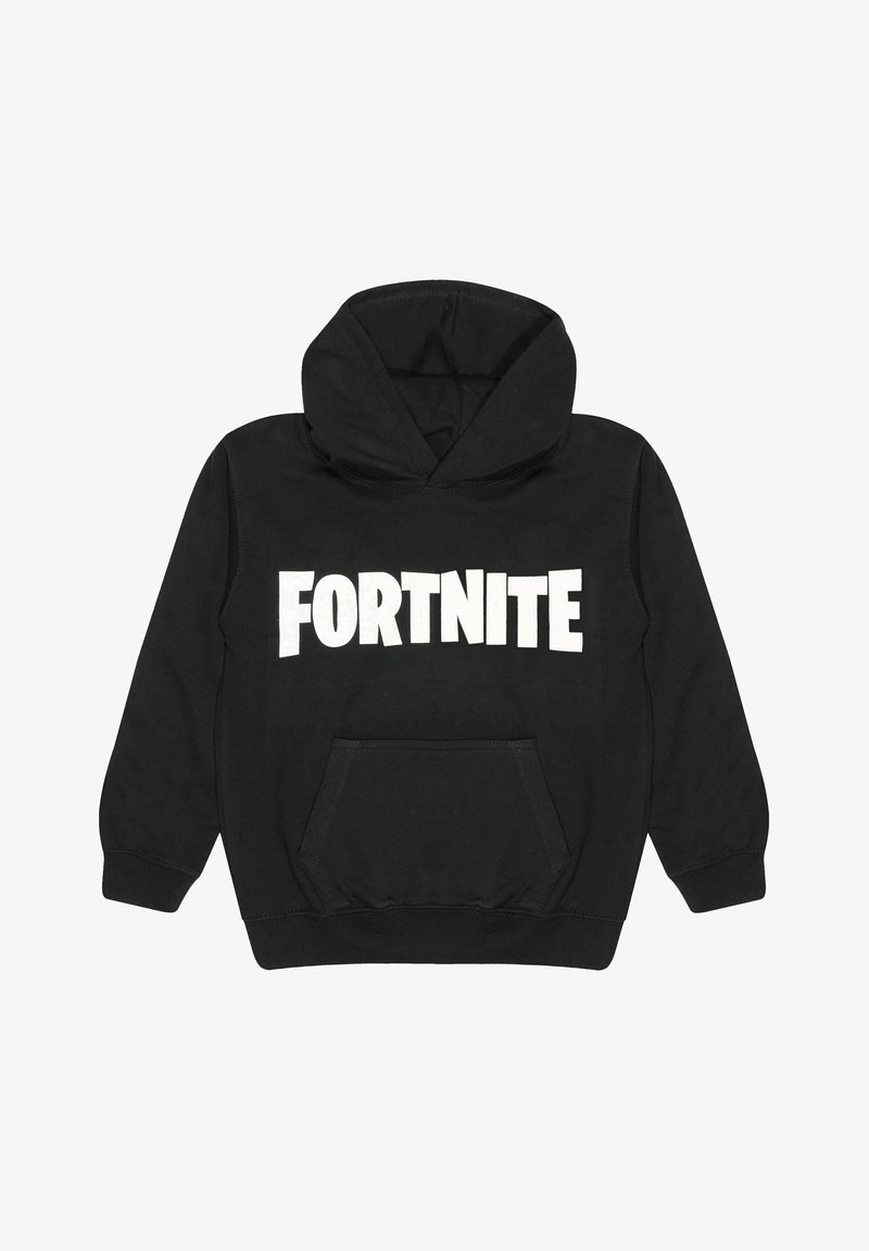 Schwarzer Hoodie aus Baumwolle mit einer vorderen Kängurutasche. Mit dem weißen "FORTNITE"-Text über der Brust. Weicher Stoff, lange Ärmel.