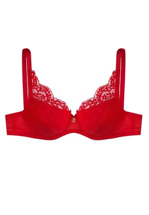 Roter Spitzen-BH mit verstellbaren Satinschlaufen. Verfügt über eine florale Spitzenbordüre, Netz-Seiten und ein kleines goldfarbenes Detail in der Mitte.
