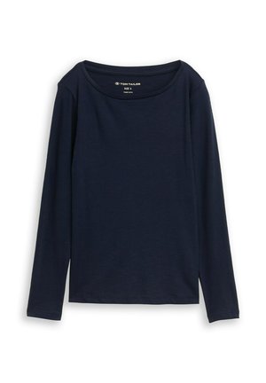 Chemise à manches longues bleu marine avec encolure ronde, taille petite, design uni, présentée sur fond blanc.