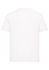 Weißes Baumwoll-T-Shirt mit rundem Ausschnitt, kurzen Ärmeln und schlichtem Rücken. Der Stoff wirkt glatt, ohne sichtbare Muster oder Akzente.