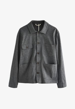 Veste homme gris foncé à boutons avec quatre poches, dont une poche à rabat avec bouton, et col à revers.
