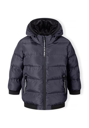 Navy puffer jacket with a hood, featuring a front zipper, zippered side pockets, and black ribbed cuffs and hem. Smooth, shiny texture.