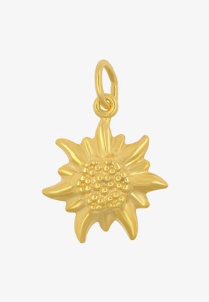 Ciondolo a forma di girasole in oro con petali traforati e un centro decorato da perline, dotato di un anello per il fissaggio, che presenta un design floreale dettagliato.