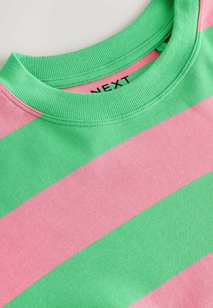 Striped sweatshirt featuring green and pink colors. Soft fabric with ribbed neckline and a label reading "NEXT" at the back. Regular fit.