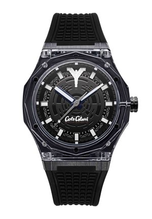 Black wristwatch with clear octagonal bezel, textured dial, bold white hour markers, silver and blue hands, black textured strap, and Carlo Colucci logo.
