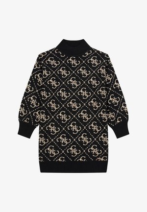 Pull en maille noir à manches longues avec col haut, motif géométrique beige et lettres, et poignets et ourlet côtelés.