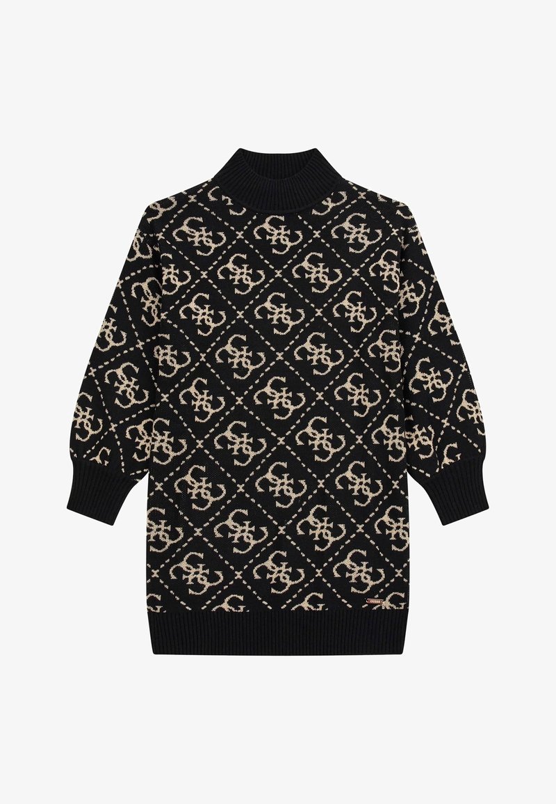 Pull en maille noir à manches longues avec col haut, motif géométrique beige et lettres, et poignets et ourlet côtelés.