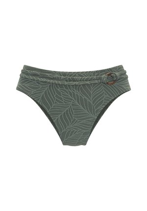Slip de bikini cu talie înaltă, verde închis, cu modele de frunze verzi deschise, având un accent cu nod și un detaliu rotund din metal pe lateral.