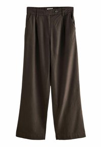 Bruine wijde broek met een gladde textuur, uitgerust met plooien, een enkele knoopsluiting en zijzakken. Gemaakt van een katoenmix.