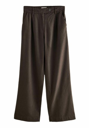Brown wide-leg pants with a smooth texture, featuring pleats, a single button closure, and side pockets. Cotton blend fabric.