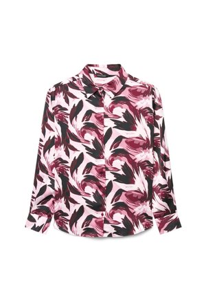 Long-sleeve button-up blouse with a pointed collar, featuring an abstract floral pattern in pink, burgundy, and black on a light background.