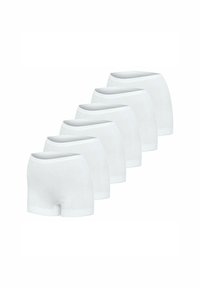 Six pairs of plain white seamless boxer briefs arranged diagonally on a white background.