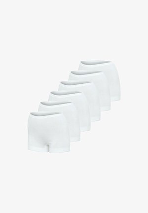 Six pairs of plain white seamless boxer briefs arranged diagonally on a white background.
