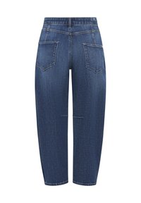 Mørkeblå denimjeans med en afslappet pasform, der har en høj talje, to baglommer og et cropped design med diskrete syninger.